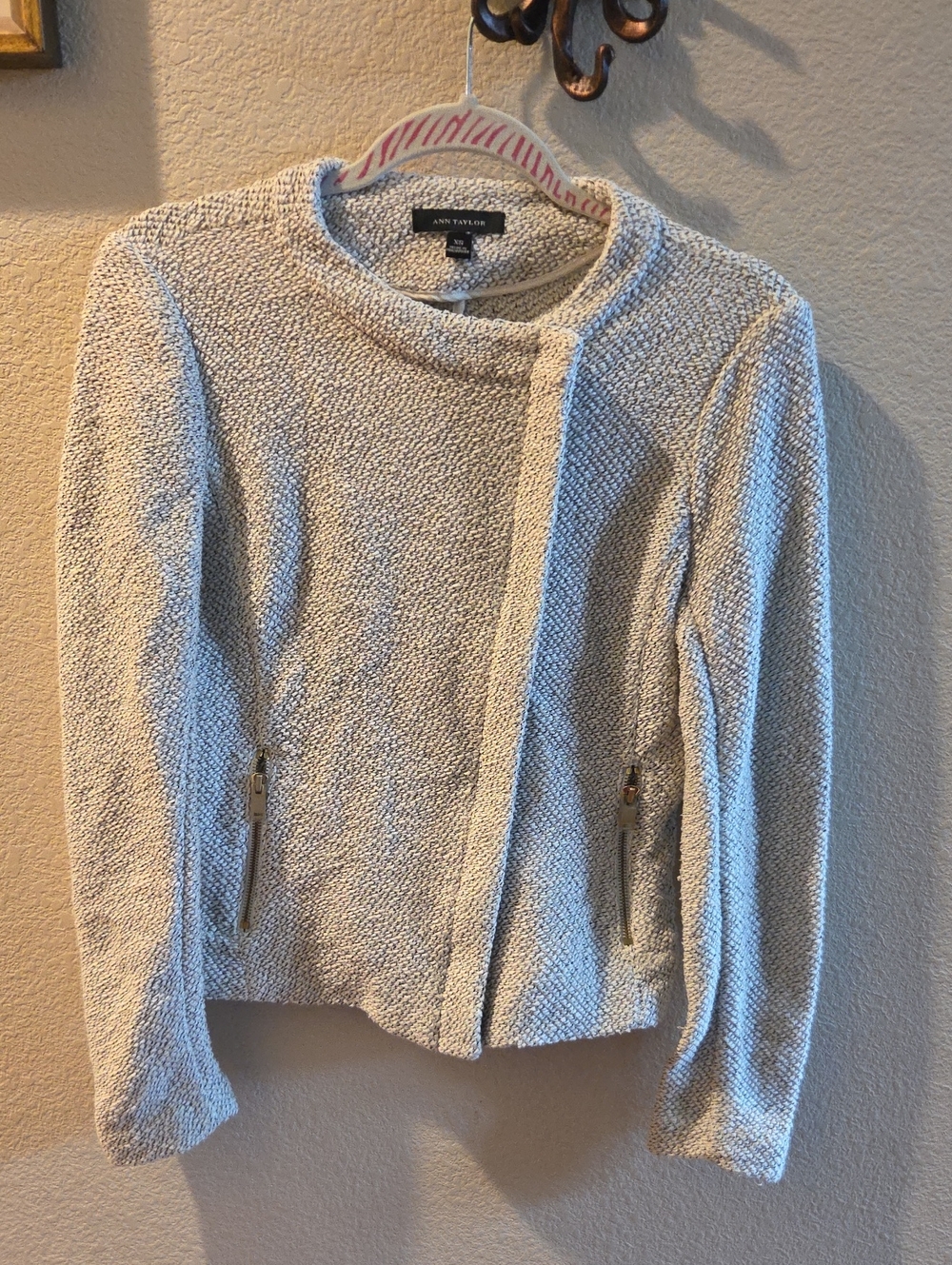 Ann Taylor Cream Bouclé Zip-Accent Sweater Jacket
